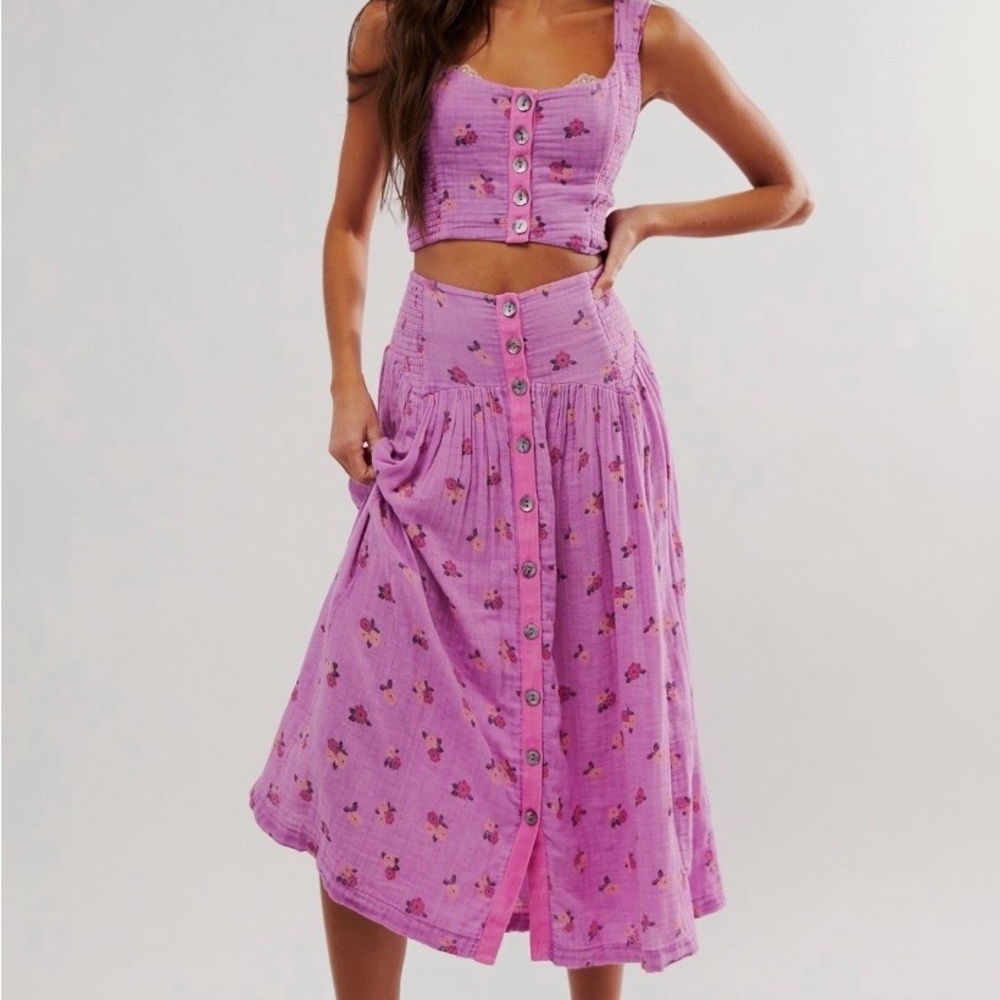 Free People Lavender Floral Button-Front Midi Skirt